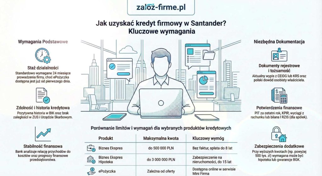 Jakie wymogi należy spełniać aby uzyskać kredyt dla firm w Santander Bank Polska - infografika