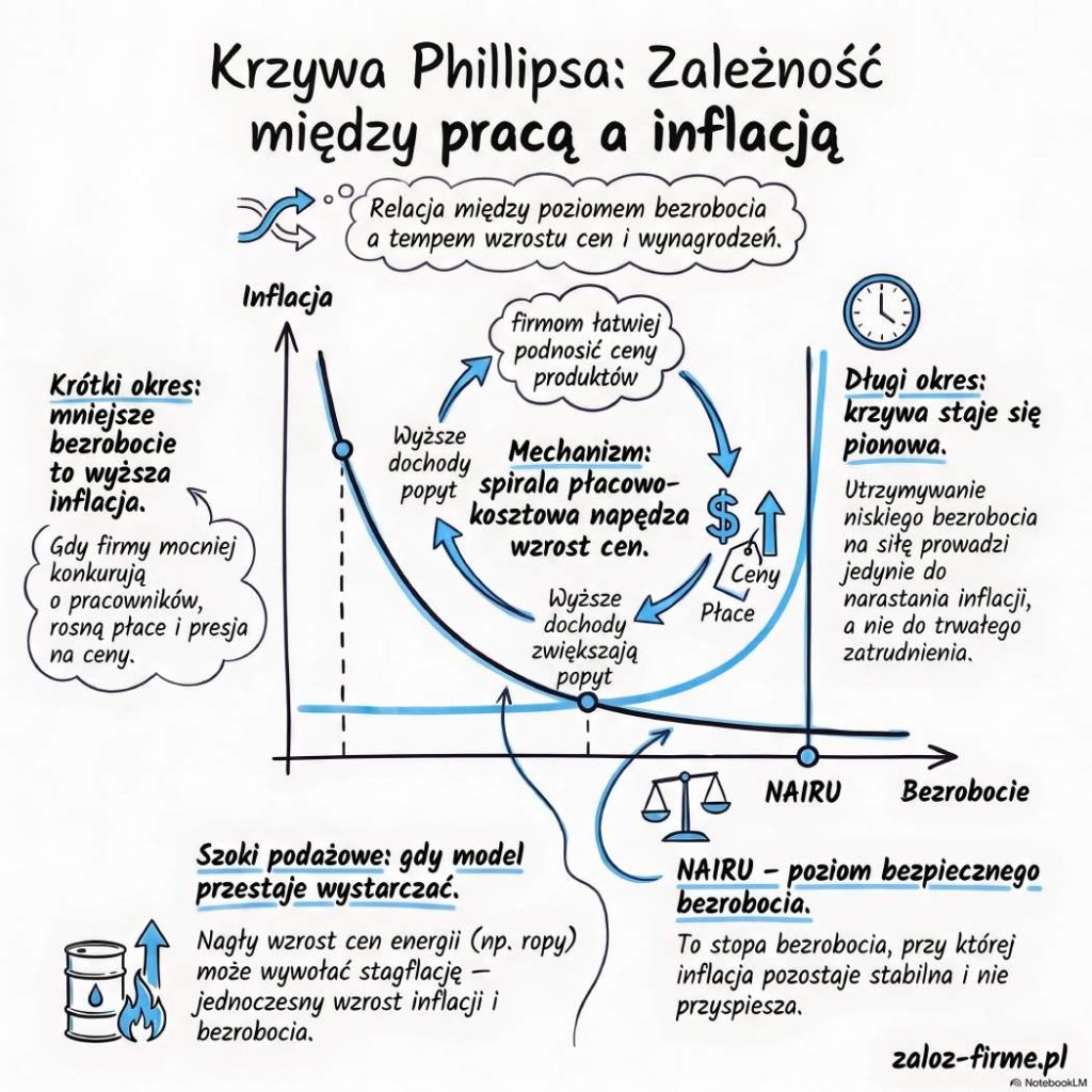 krzywa phillipsa infografika mówi: kluczowe zależności między inflacją a bezrobociem, opierając się na modelu krzywej Phillipsa. Oto najważniejsze punkty, które z niej wynikają:
Odwrotna zależność w krótkim okresie: Gdy bezrobocie spada, firmy intensywniej konkurują o pracowników, co prowadzi do wzrostu płac i cen (wyższa inflacja)
. I odwrotnie – wysokie bezrobocie zazwyczaj hamuje presję na wzrost cen
.
Brak prostej wymiany w długim okresie: Z czasem ludzie dostosowują swoje oczekiwania inflacyjne, co sprawia, że długookresowa krzywa Phillipsa staje się pionowa
. Oznacza to, że nie da się na stałe utrzymać bardzo niskiego bezrobocia kosztem wyższej inflacji
.
Czynniki przesuwające krzywą: Infografika uwzględnia, że relacja ta nie jest stała. Szoki podażowe (np. nagły wzrost cen energii) lub zmiany w oczekiwaniach dotyczących przyszłych cen mogą sprawić, że inflacja i bezrobocie będą rosnąć jednocześnie, co nazywamy stagflacją
.
Współczesna perspektywa: Obecnie krzywa jest postrzegana jako stosunkowo płaska, co oznacza, że zmiany bezrobocia mają mniejszy wpływ na inflację niż dawniej, a banki centralne muszą brać pod uwagę wiele dodatkowych zmiennych, takich jak marże firm czy kursy walut