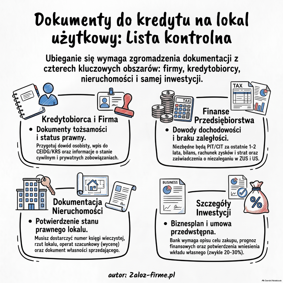 Infografika dokumenty niezbędne do kredytu na lokal użytkowy